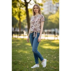 Hayden LA Ivory Mix Floral Star Print Tie Front Blouse | Size Medium | High Low
